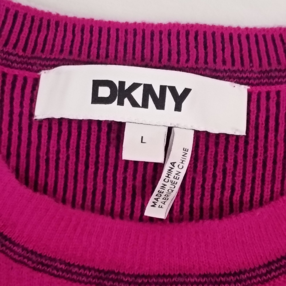 DKNY Womens Fuchsia Pink Black All Over Logo Ribbed Knit Sweater Large - Picture 4 of 8